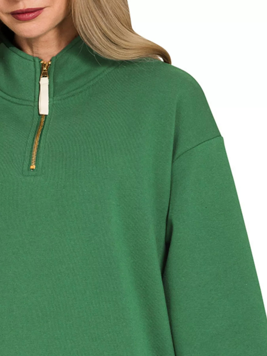 Dark green fleece half-zip sweatshirt close-up of front zipper and stand collar