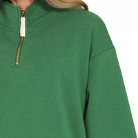 Dark green fleece half-zip sweatshirt close-up of front zipper and stand collar