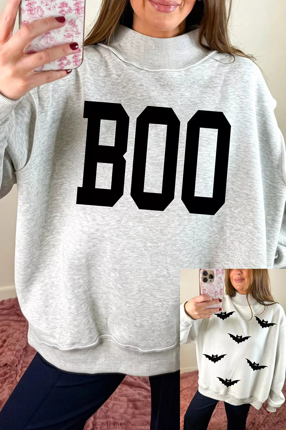 Light gray reversible mock-neck sweatshirt with large black “BOO” front graphic