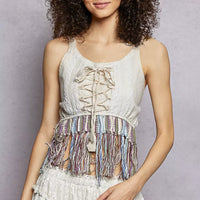 Natural lace-up tank with fringe hem and lace-up bodice detail