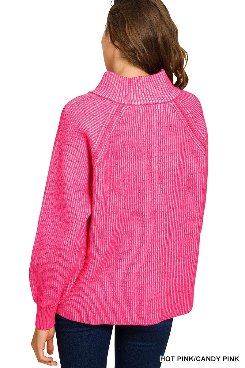 Hot pink ribbed half-zip sweater, back view, long sleeves