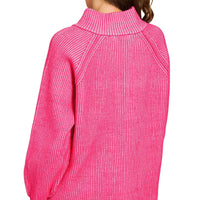 Hot pink ribbed half-zip sweater, back view, long sleeves