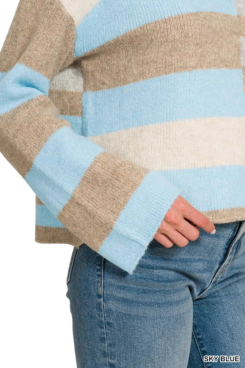 Lightweight sweater sleeve and hem in sky blue, beige, and white color blocks