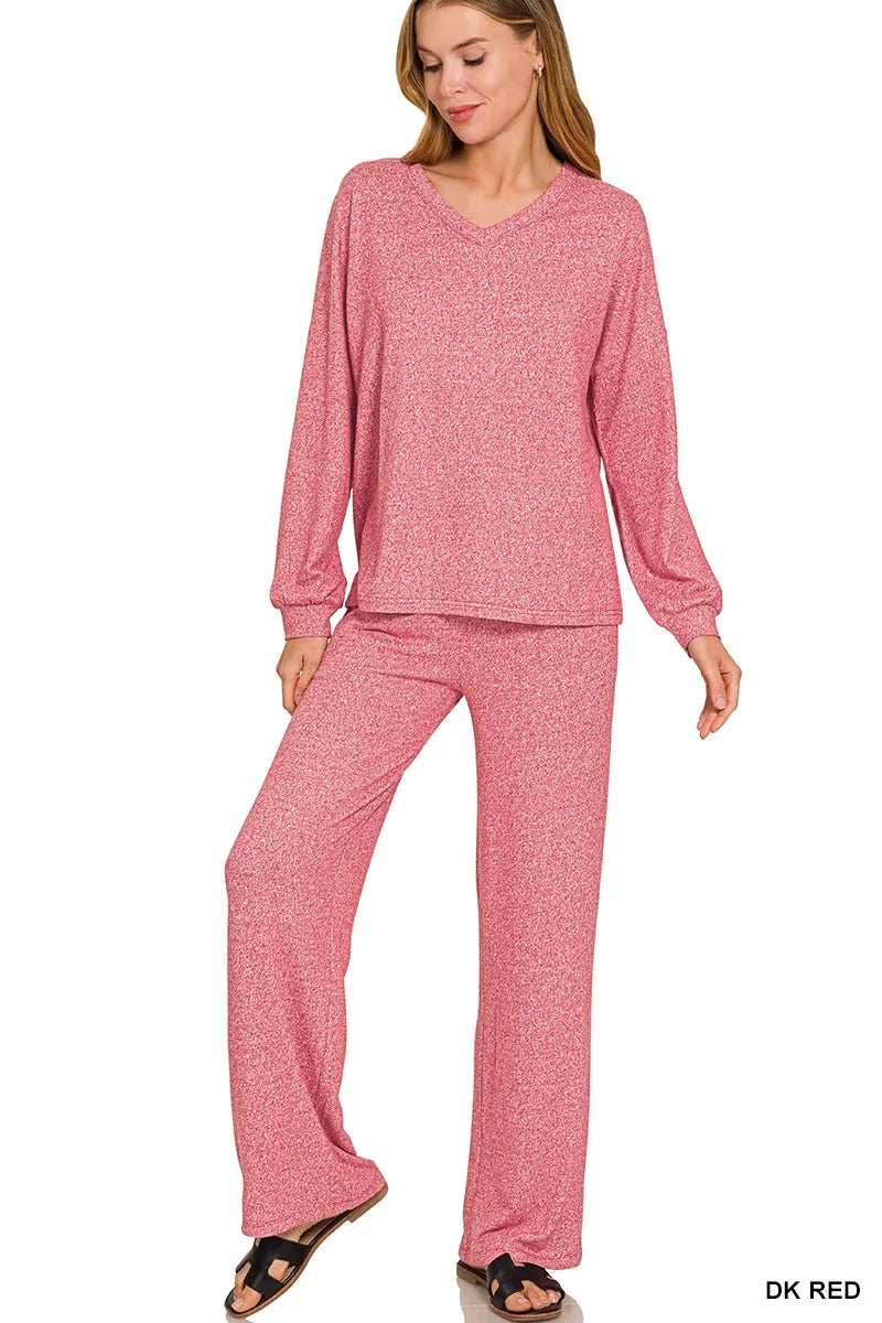 Women’s DK red melange long-sleeve V-neck tee and matching wide-leg pants set