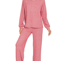 Women’s DK red melange long-sleeve V-neck tee and matching wide-leg pants set