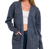 Midnight open-front knit sweater cardigan with two front pockets and long sleeves