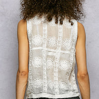 Off-white knit sweater vest back view with vertical crochet-style floral panels
