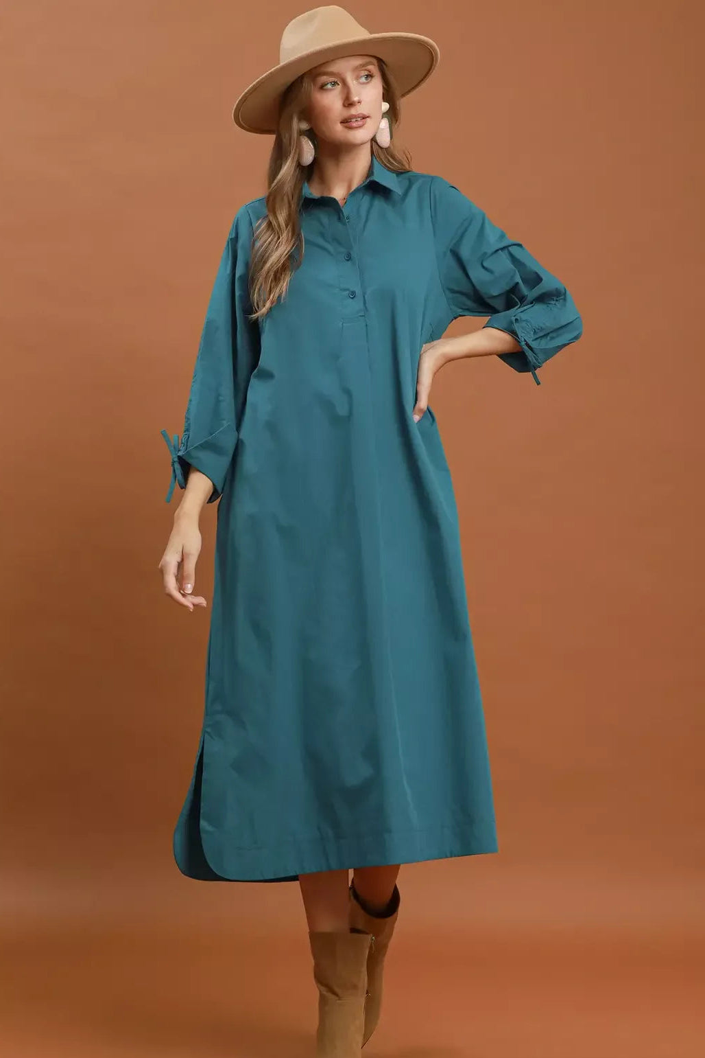 Teal collared button-front midi dress with relaxed fit and cuffed sleeves