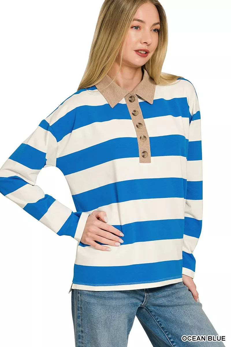 Ocean blue-and-white striped long-sleeve polo with contrast collar and front buttons