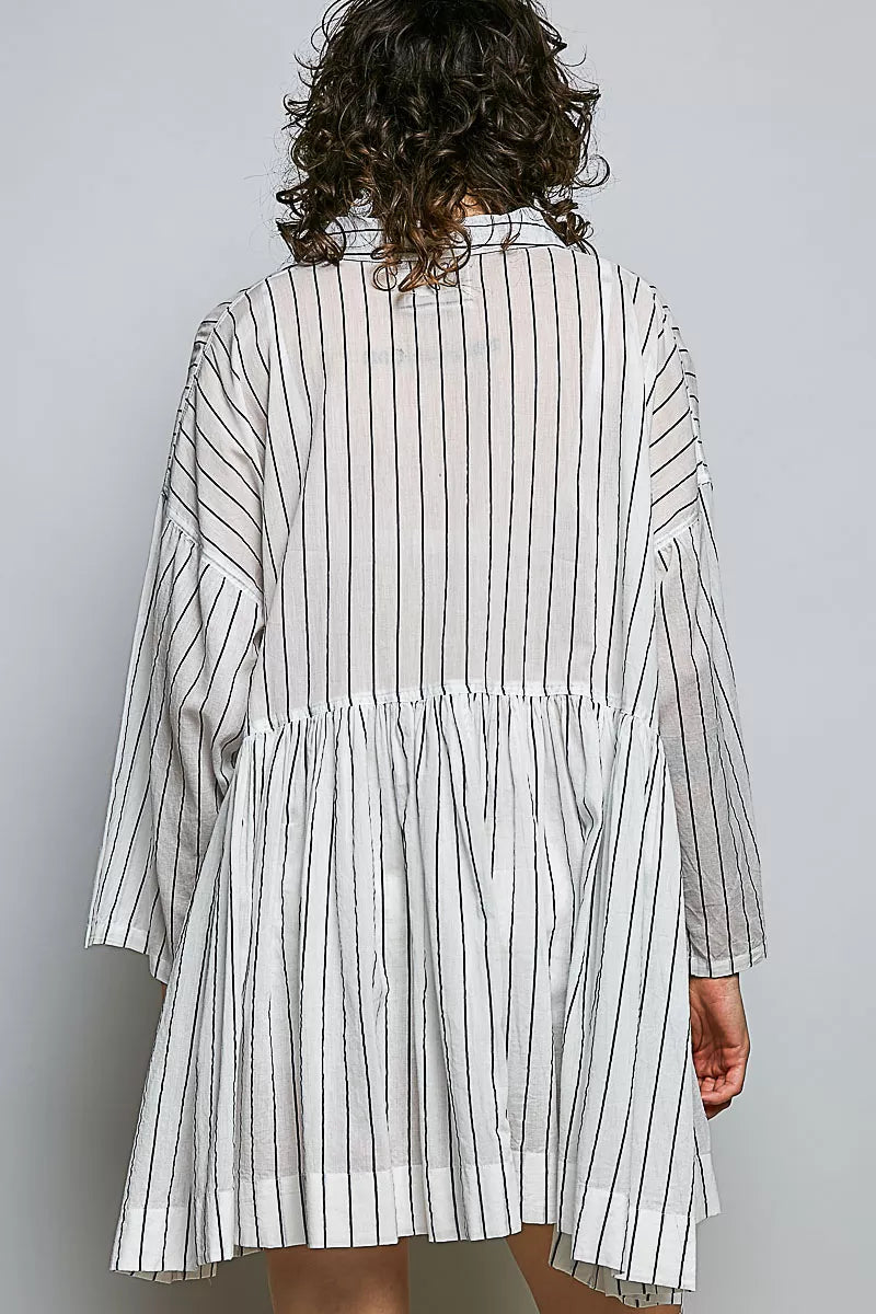 Back view of striped shirt dress with point collar and gathered tiered skirt