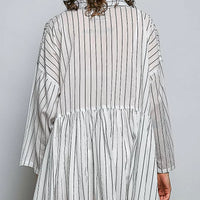Back view of striped shirt dress with point collar and gathered tiered skirt