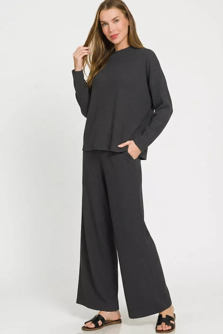 Black viscose sweater top and wide-leg pants set, long sleeves