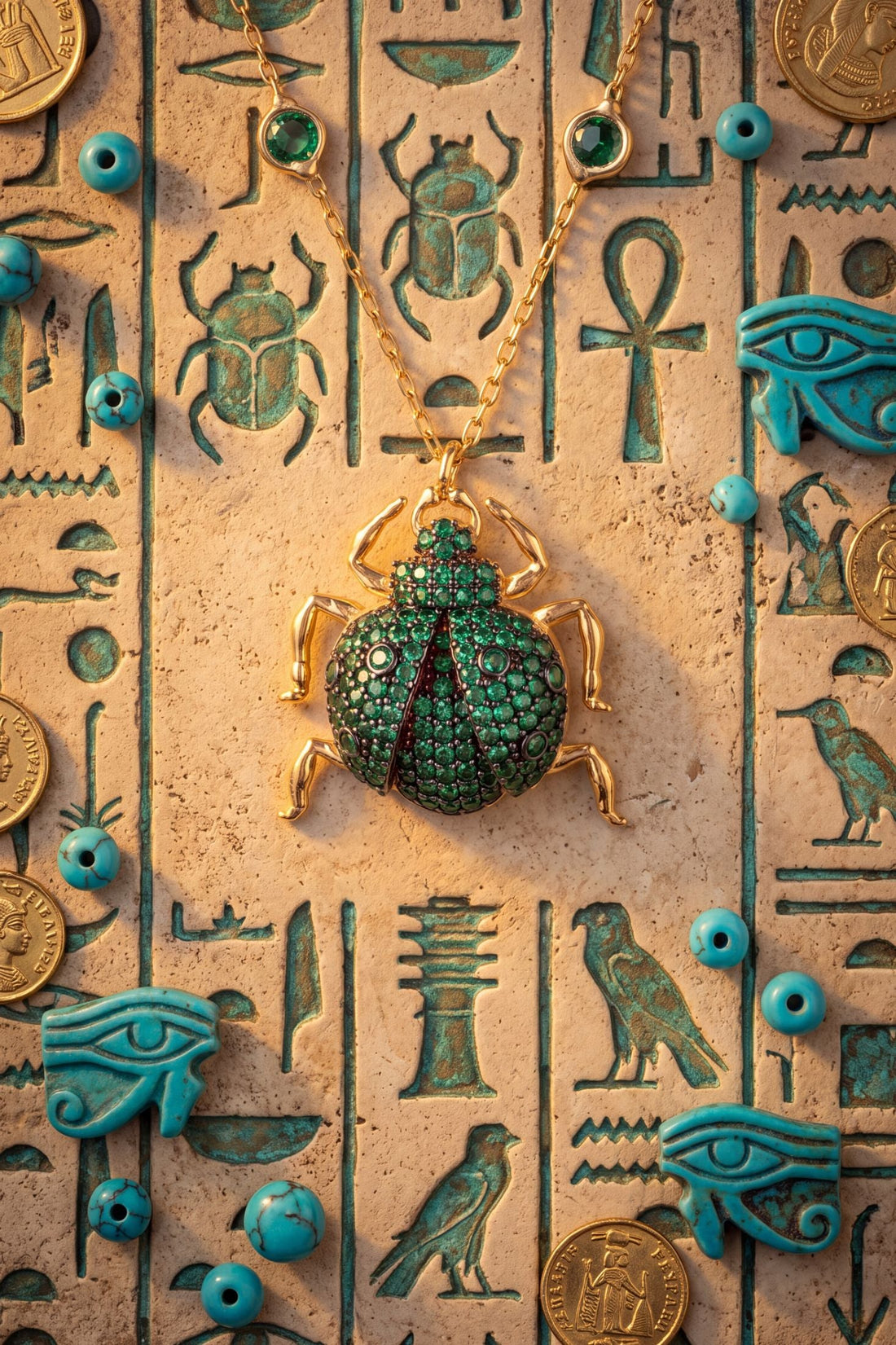 Green scarab pendant in a gold-tone setting with small turquoise beads