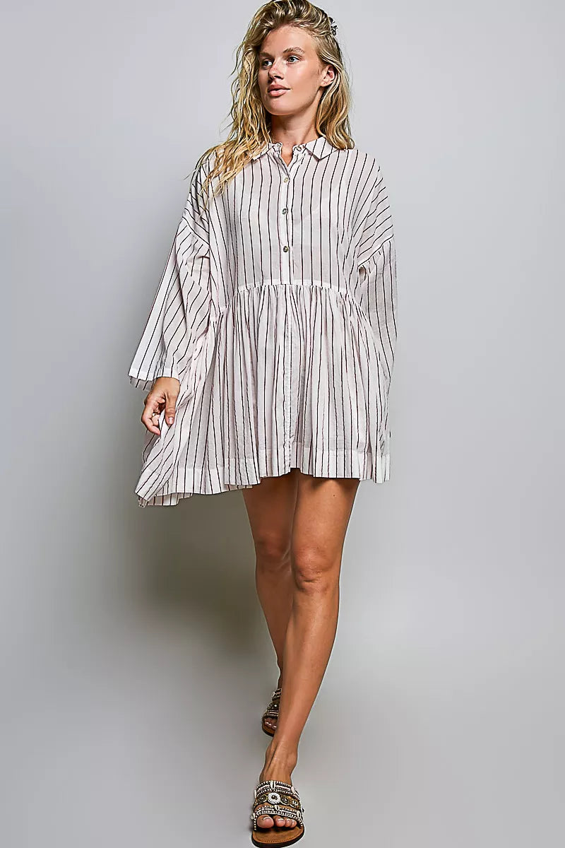 Striped shirt dress with collar buttons, gathered waist, long sleeves, flared short hem