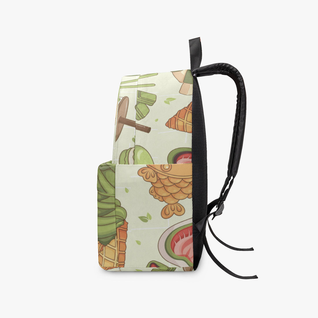 Kids canvas backpack with side view, black handle, and green food print