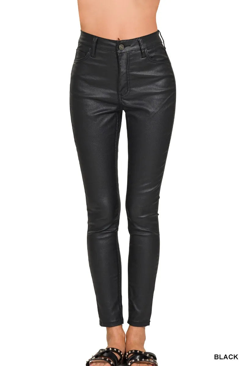 Black faux leather stretch skinny pants with front button and zip, belt loops