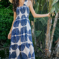 Square-neck sleeveless smocked bodice tiered midi dress, navy abstract print