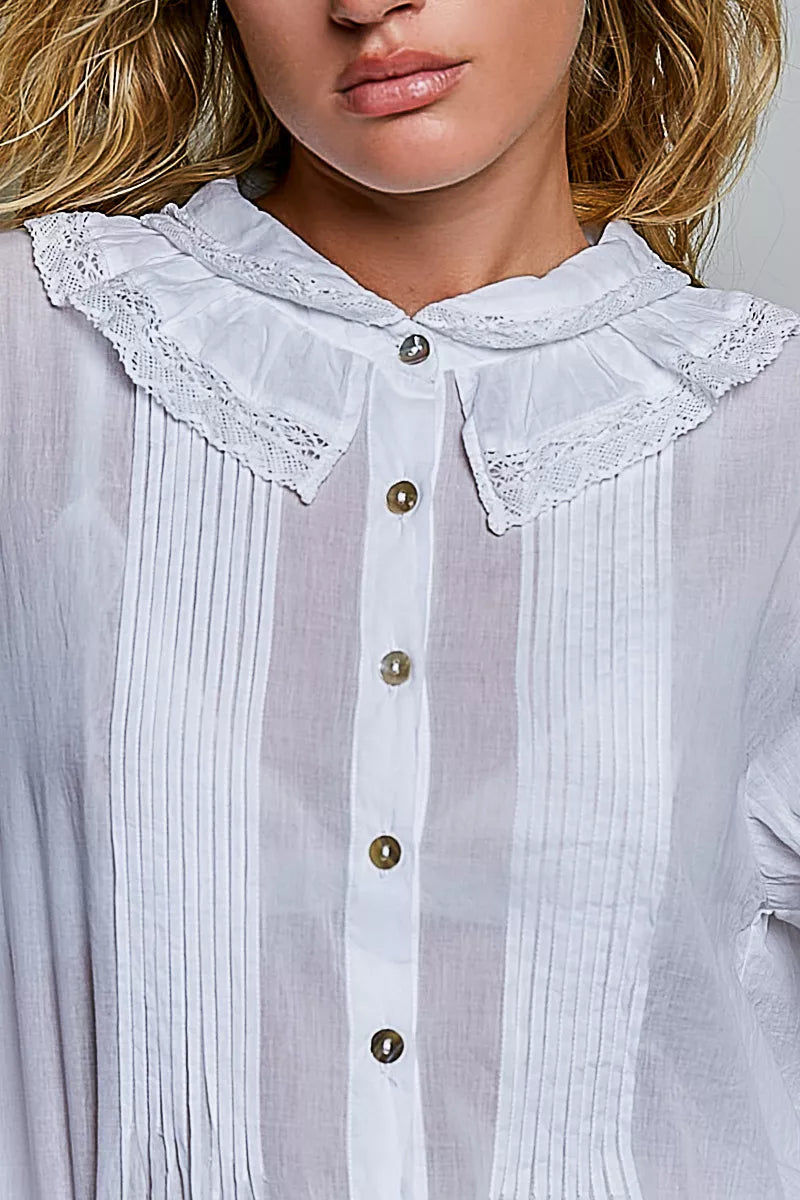 Close-up ivory lace-trim collar button-down shirt with pintuck front panels