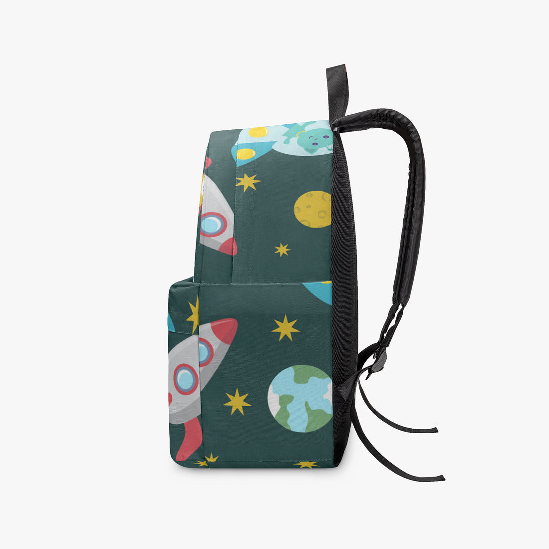 Dark green space-themed canvas backpack with top handle, side drawstring cord, and rocket print.
