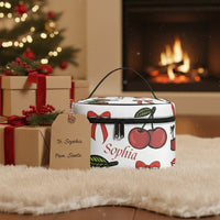 Leather Cosmetic Train Case | Personalized White Cherry & Red Bow Organizer