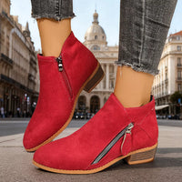 Red point-toe block heeled ankle boots with side zipper and textured block heel