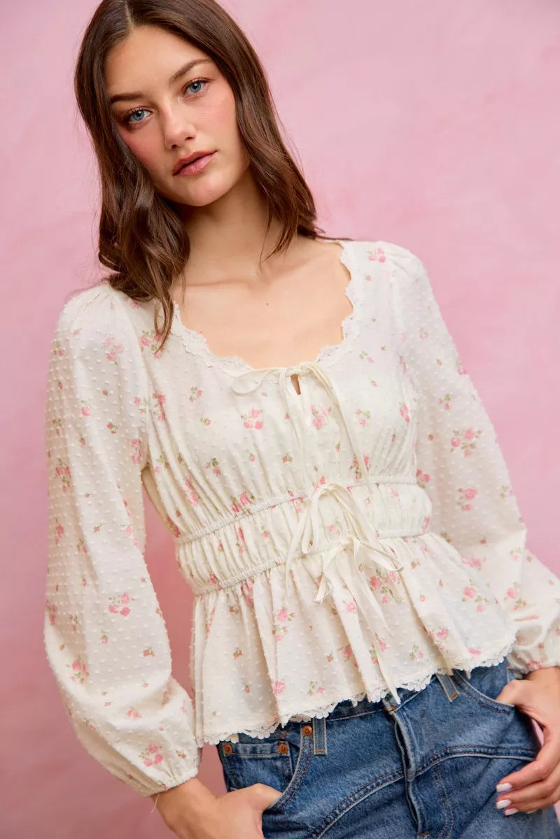 White floral clip-dot lace-trim blouse with ruched elastic waist and puff sleeves