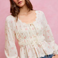 White floral clip-dot lace-trim blouse with ruched elastic waist and puff sleeves