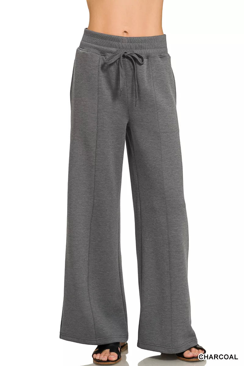 Charcoal drawstring-waist wide-leg pants, center-seam style
