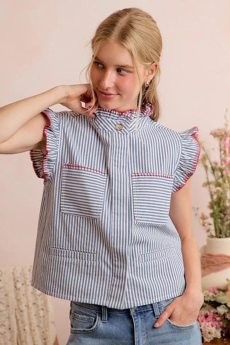 Blue-and-red striped twill vest top with ruffled shoulders and hidden button front