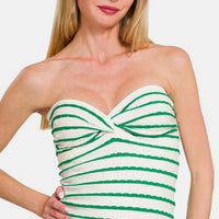 Green striped tube top with twisted sweetheart neckline, strapless