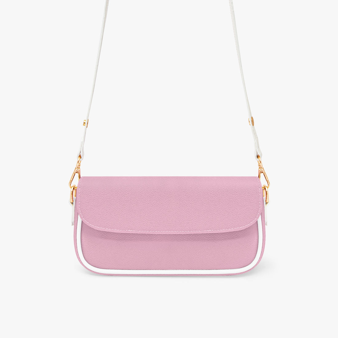 Pastel pink crossbody bag with front flap, gold chain strap, and white web handles