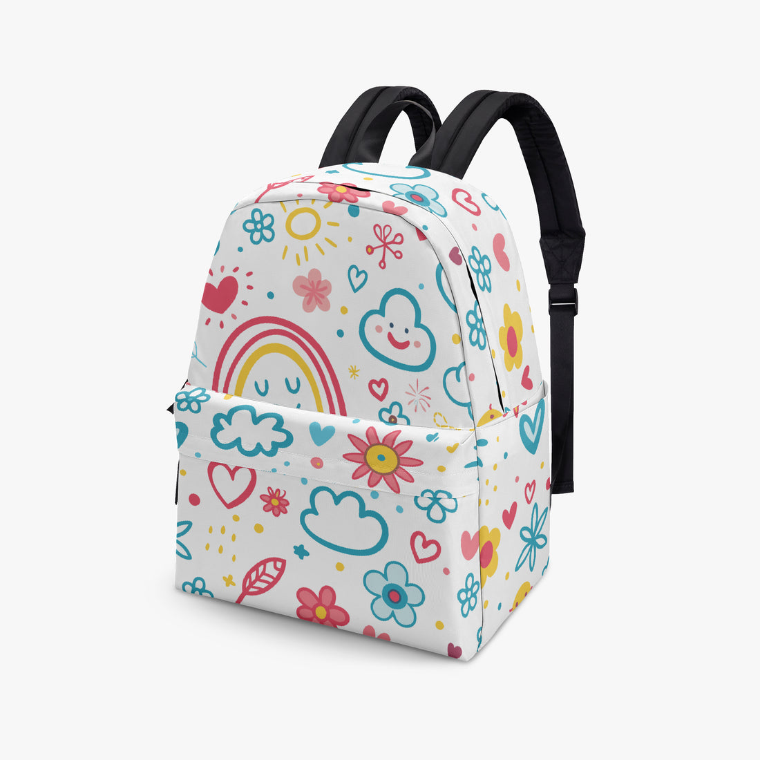 Front view small canvas kids backpack with colorful doodle rainbow print and black adjustable straps