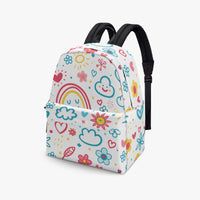 Front view small canvas kids backpack with colorful doodle rainbow print and black adjustable straps