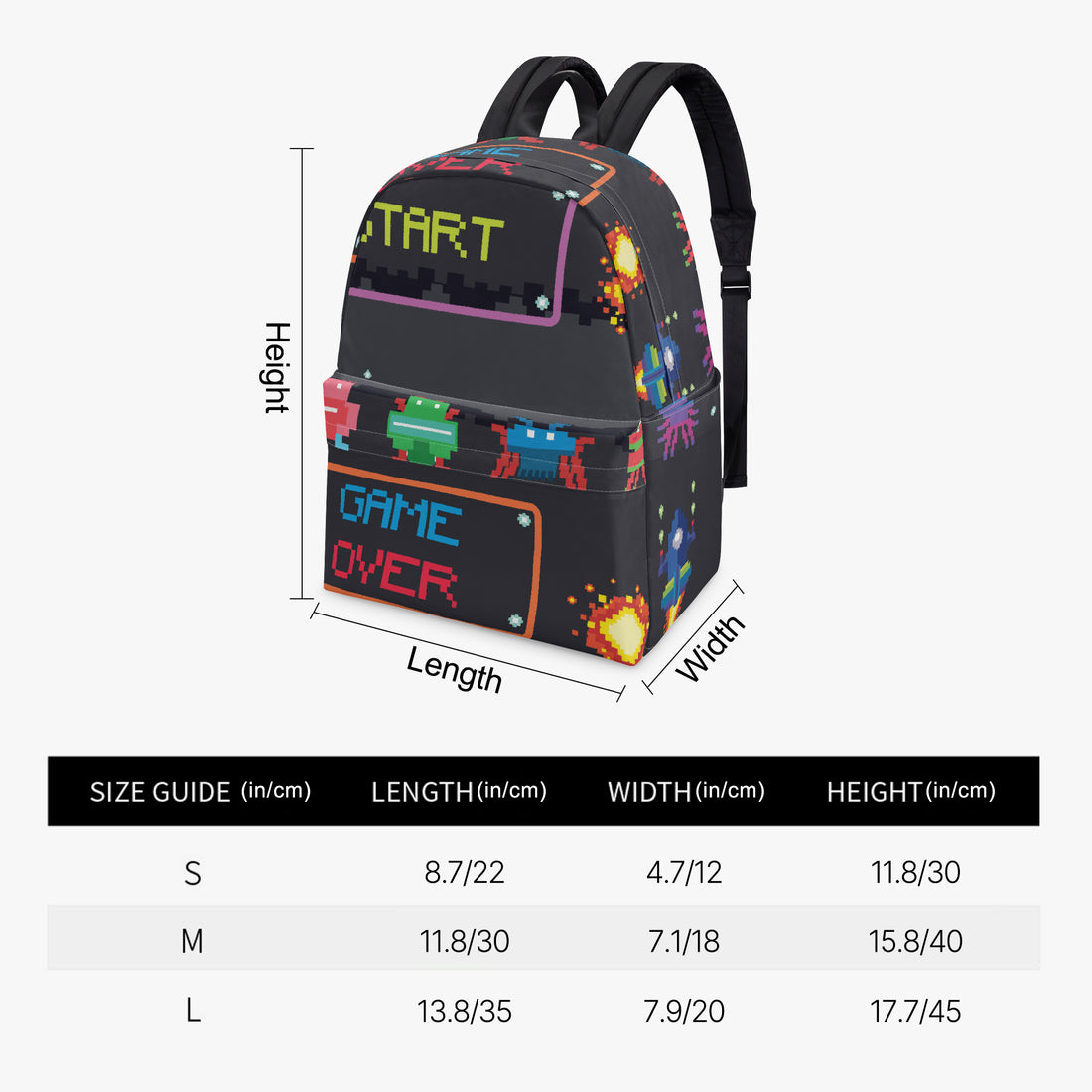 Kids canvas backpack with pixel “START” and “GAME OVER” front, shown with size measurements.