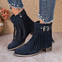 Navy suede fringe ankle boots with front buckle strap and block heel