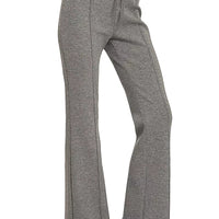 Charcoal drawstring waist pants with relaxed straight legs, side view