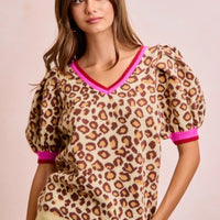 Leopard print puff-sleeve V-neck sweater, hot pink ribbed trim and cuffs