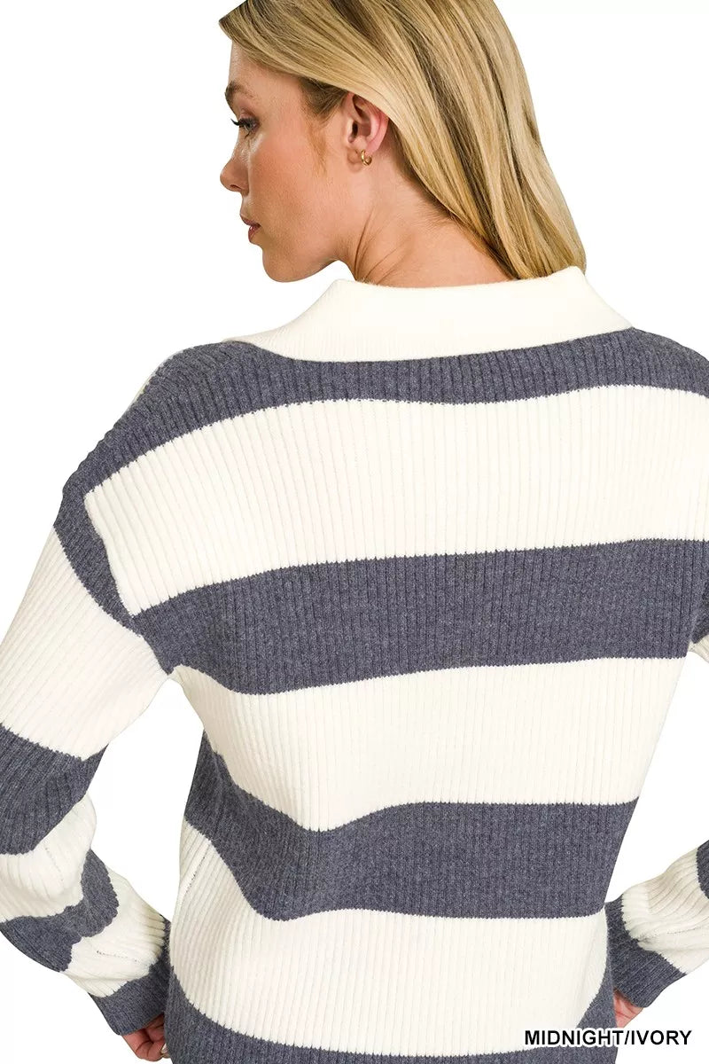 Navy/ivory striped sweater, ribbed knit, long sleeves