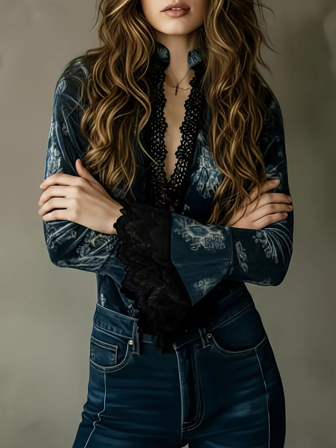 Dark blue lace-trim blouse with V-neck and wide flare sleeves