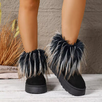 Black fuzzy-trim platform ankle boots with plush cuffs and rounded toe