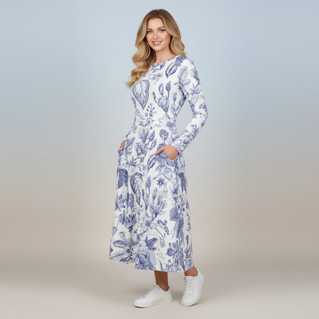 Indigo Damask Blue Floral Dress | White and Blue Midi