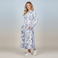 Indigo Damask Blue Floral Dress | White and Blue Midi