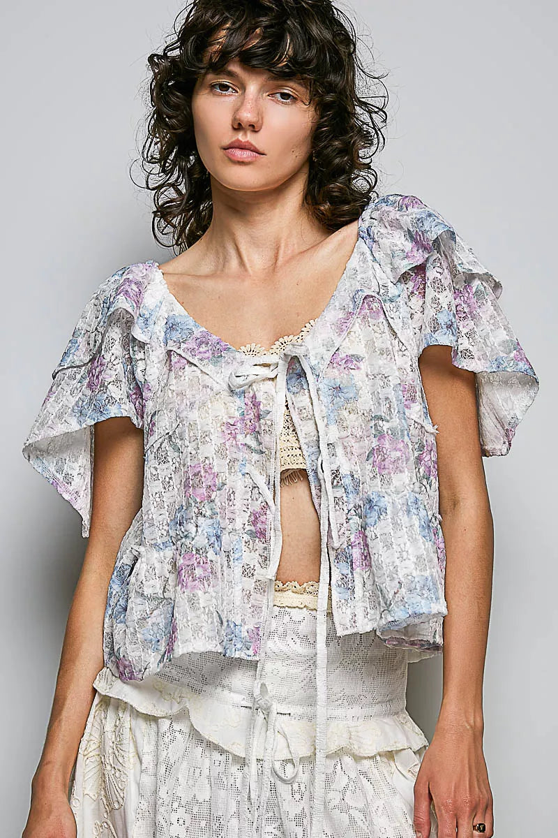 Floral tie-front ruffle blouse with lace trim, off-white and pastel purple/blue print