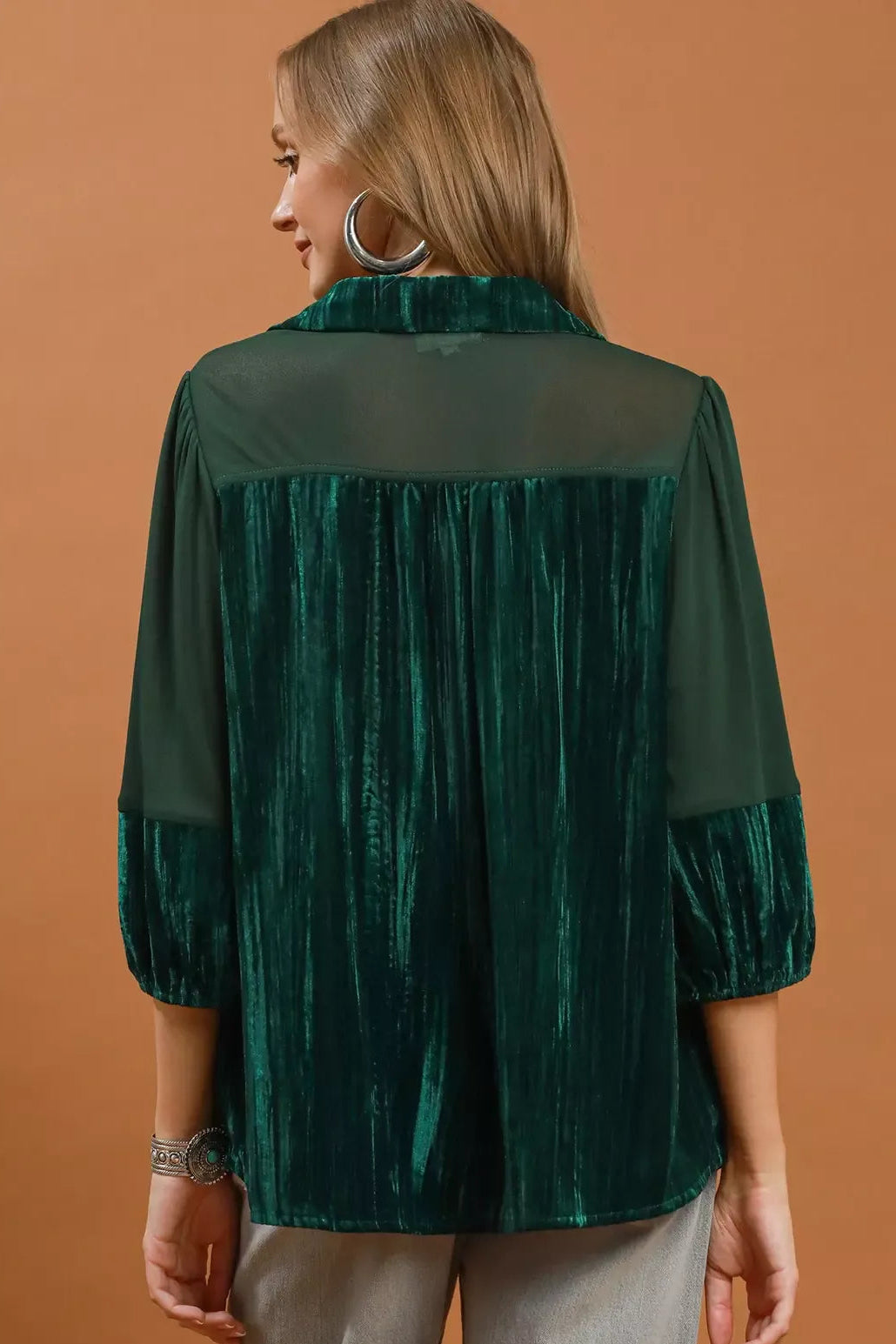Hunter green velvet blouse with lace yoke and roomy back