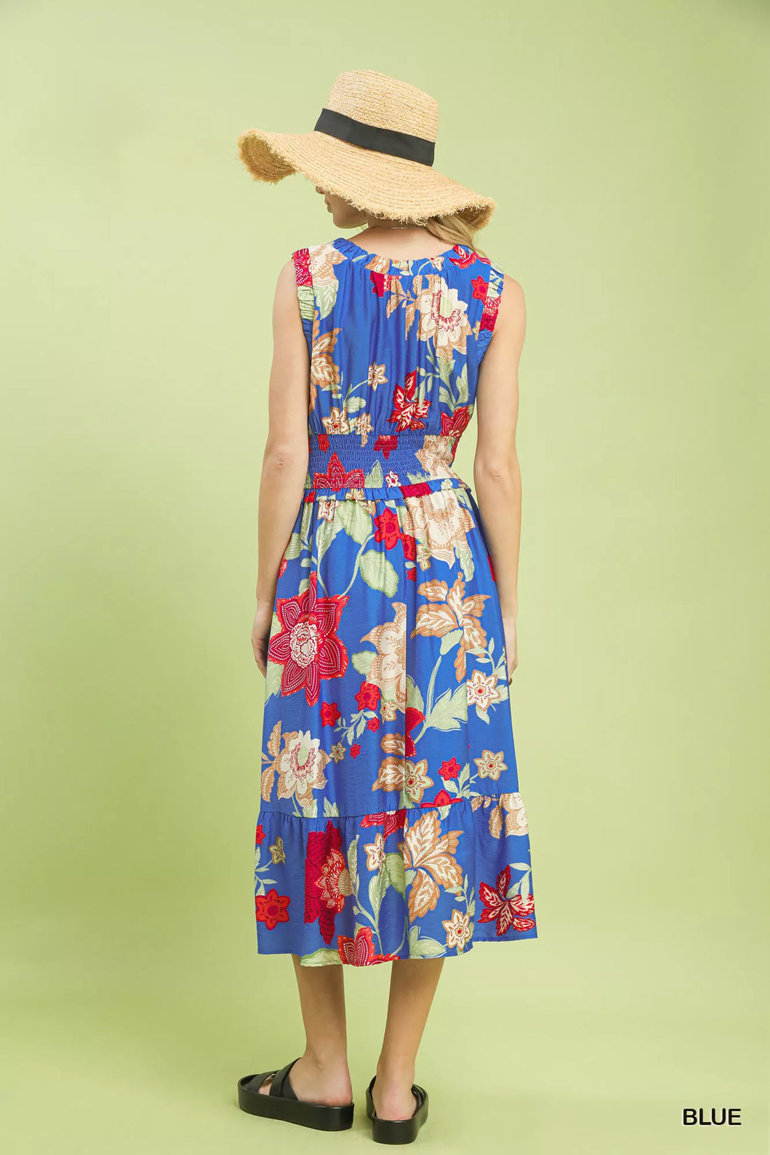 Floral smocked midi dress, sleeveless blue with red and cream floral print, tiered skirt