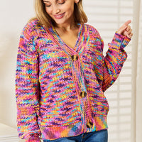 Multicolor v-neck knit cardigan with button-front and long sleeves, marled texture