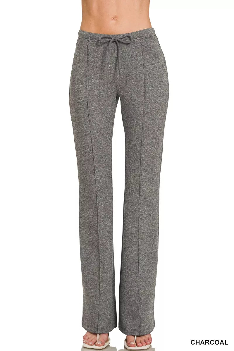 Charcoal drawstring waist scuba stretch pants with relaxed straight-leg fit