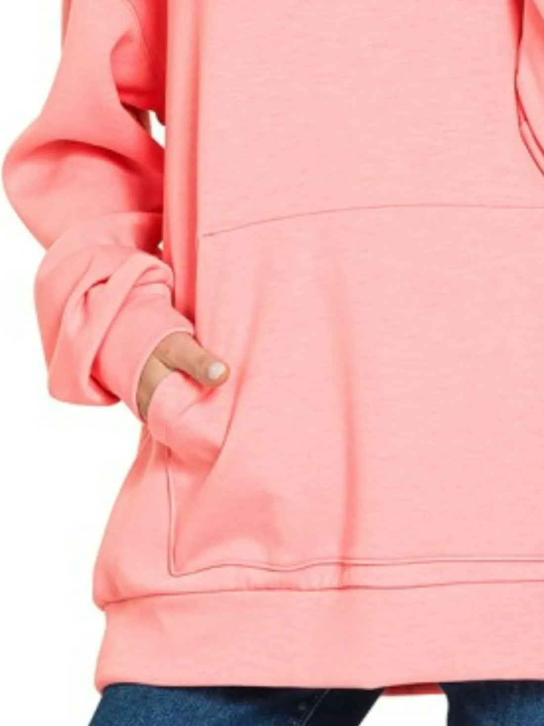 DK pink scuba hoodie close-up: kangaroo pocket and drawstring hood