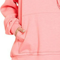 DK pink scuba hoodie close-up: kangaroo pocket and drawstring hood