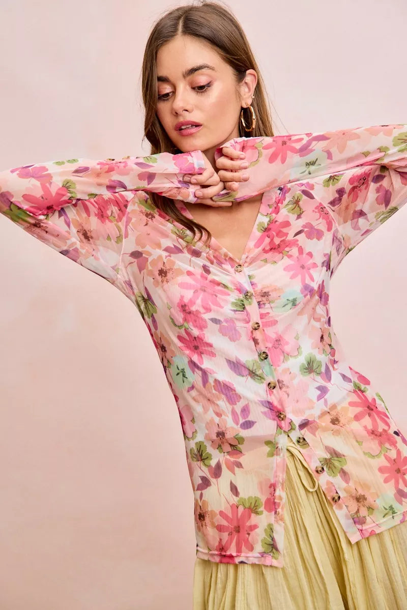 Pink multi floral sheer mesh cardigan top with V-neck and button front detail